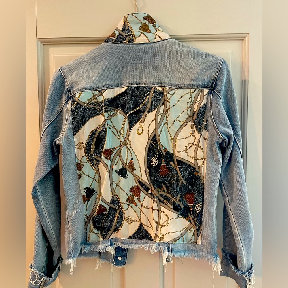 Stacy Bradley lt blue denim jacket Teal and Tassels equestrian design, sz S